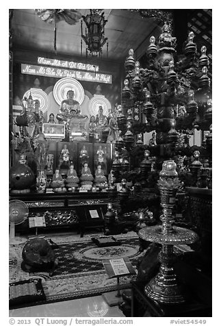 Chandelier and altar, Phung Son Pagoda, district 11. Ho Chi Minh City, Vietnam (black and white)