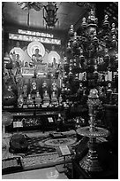 Chandelier and altar, Phung Son Pagoda, district 11. Ho Chi Minh City, Vietnam ( black and white)