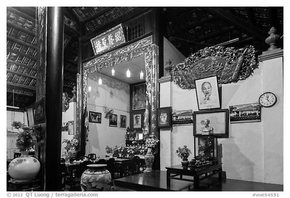 Wall with various pictures in Giac Lam Pagoda, Tan Binh district. Ho Chi Minh City, Vietnam (black and white)