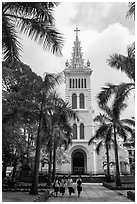 Cho Quan Church and students walking, district 5. Ho Chi Minh City, Vietnam (black and white)