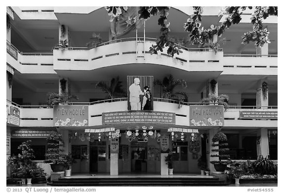 School facade, district 5. Ho Chi Minh City, Vietnam (black and white)