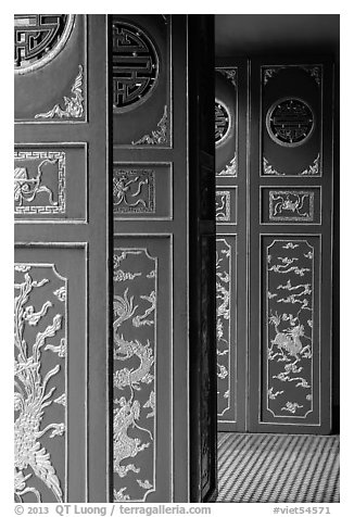 Red doors, Le Van Duyet temple, Binh Thanh district. Ho Chi Minh City, Vietnam (black and white)