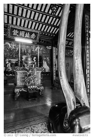 Horns and altar, Le Van Duyet temple, Binh Thanh district. Ho Chi Minh City, Vietnam (black and white)