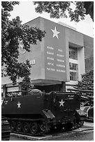 Tanks and signs extolling peace, War Remnants Museum, district 3. Ho Chi Minh City, Vietnam (black and white)