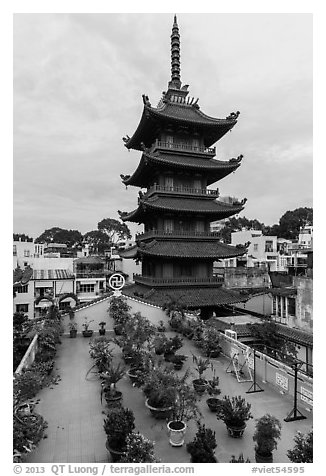 An Quang Pagoda from rooftop garden, district 10. Ho Chi Minh City, Vietnam (black and white)