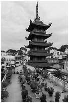 An Quang Pagoda from rooftop garden, district 10. Ho Chi Minh City, Vietnam (black and white)