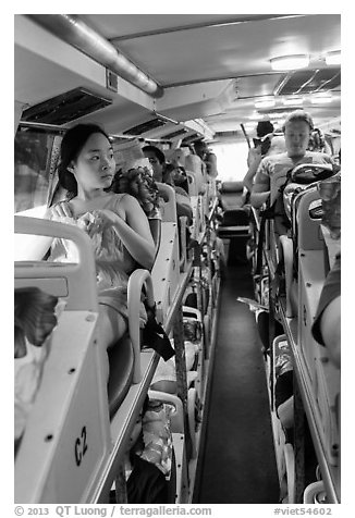 Tourists on sleeper bus. Vietnam (black and white)