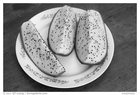 Cut Dragon Fruit. Vietnam (black and white)