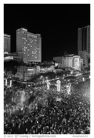 Packed Nguyen Hue boulevard on Christmas eve from above. Ho Chi Minh City, Vietnam