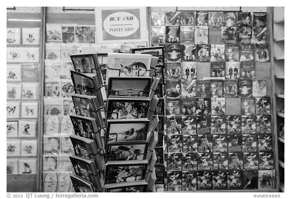 Postcard rack. Ho Chi Minh City, Vietnam (black and white)