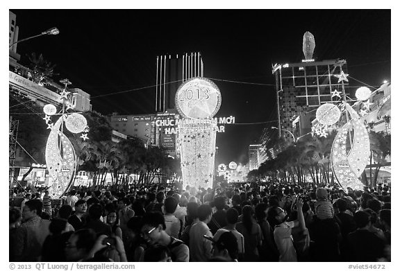 Crowds on Nguyen Hue boulevard on New Year eve. Ho Chi Minh City, Vietnam (black and white)