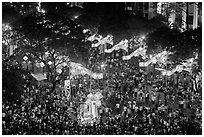 Le Loi boulevard with decorations and crowds from above. Ho Chi Minh City, Vietnam ( black and white)
