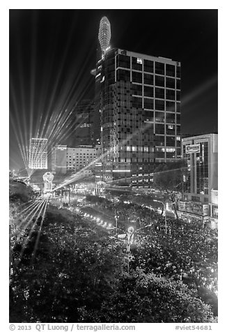Laser show, central Saigon, New Year eve. Ho Chi Minh City, Vietnam (black and white)