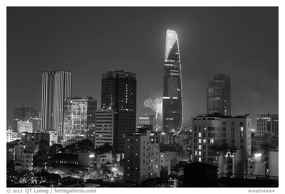 Saigon skyline and fireworks. Ho Chi Minh City, Vietnam (black and white)
