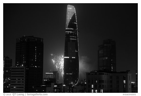 Bitexco tower with fireworks. Ho Chi Minh City, Vietnam (black and white)
