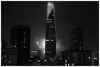 Bitexco tower with fireworks. Ho Chi Minh City, Vietnam (black and white)