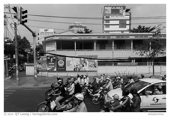 Traffic waiting at intersection. Ho Chi Minh City, Vietnam (black and white)