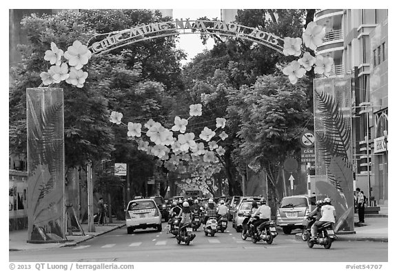 Street with holiday decorations. Ho Chi Minh City, Vietnam