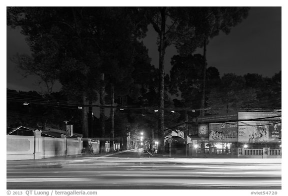 Traffic light trails and tall trees next to Van Hoa Park. Ho Chi Minh City, Vietnam (black and white)
