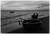 Fishermen bringing round coracle boat to shore at sunset. Mui Ne, Vietnam ( black and white)