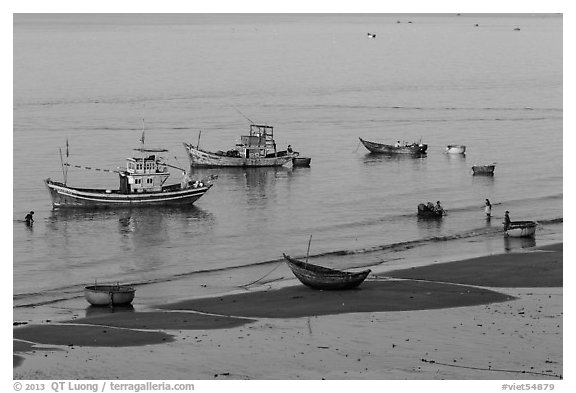 Beach and fishing boats from above. Mui Ne, Vietnam (black and white)