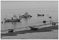 Beach and fishing boats from above. Mui Ne, Vietnam (black and white)