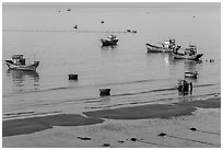 Coracle boats, fishing boats from above. Mui Ne, Vietnam (black and white)