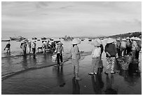 Group on beach with paniers of freshly caught shells, early morning. Mui Ne, Vietnam (black and white)