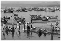 Fishermen and fish buyers on beach, early morning. Mui Ne, Vietnam (black and white)