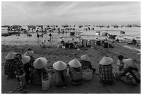 Women with conical hats sit on beach as fresh catch arrives. Mui Ne, Vietnam (black and white)