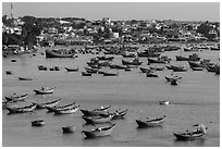 Fishing boats and village. Mui Ne, Vietnam (black and white)