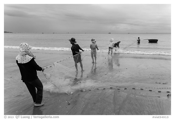 Fishermen lining up to pull net onto beach. Mui Ne, Vietnam