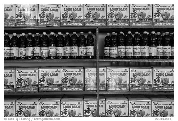 Fish sauce (nuoc mam) for sale. Mui Ne, Vietnam (black and white)