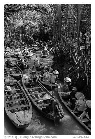 Traffic jam of boats, Phoenix Island. My Tho, Vietnam (black and white)