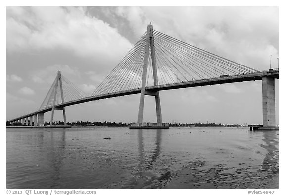 Suspension bridge across the Mekong River. My Tho, Vietnam (black and white)