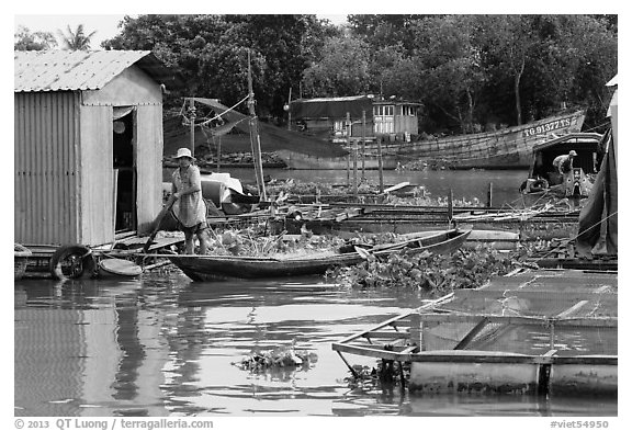 Man paddling out of houseboat. My Tho, Vietnam (black and white)