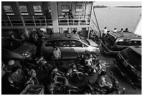 Abord ferry across the Mekong River. Mekong Delta, Vietnam (black and white)