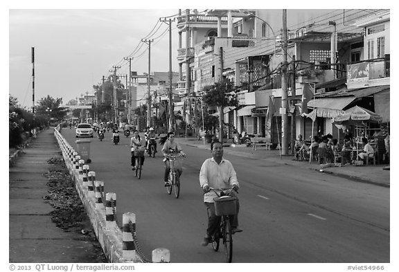 Bicycles on riverfront street. Tra Vinh, Vietnam (black and white)