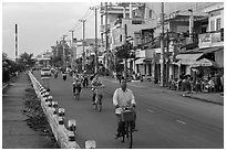 Bicycles on riverfront street. Tra Vinh, Vietnam (black and white)