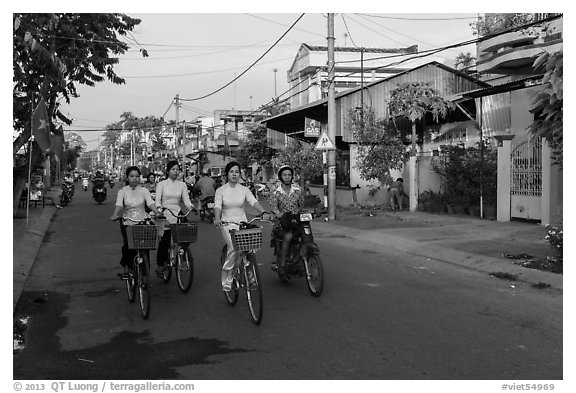 Schoolgirls on bicycles. Tra Vinh, Vietnam (black and white)