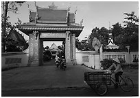 Khmer-style Ong Met Pagoda seen from street. Tra Vinh, Vietnam (black and white)