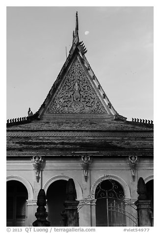 Roof detail and moon, Ong Met Pagoda. Tra Vinh, Vietnam (black and white)