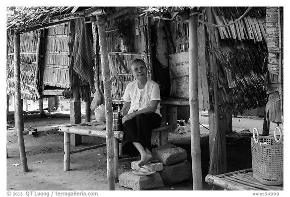 Woman at retreat hut, Hang Pagoda. Tra Vinh, Vietnam (black and white)