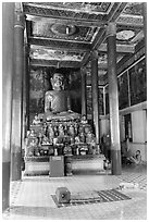 Buddhas in main temple, Hang Pagoda. Tra Vinh, Vietnam (black and white)