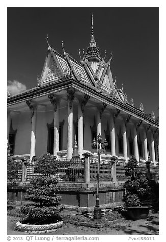 Pagoda in Khmer style. Tra Vinh, Vietnam (black and white)