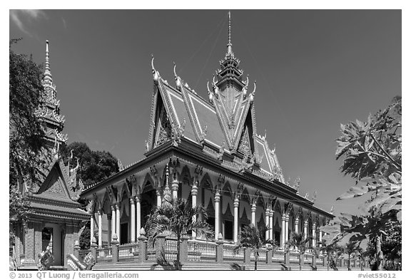 Pagoda in Khmer style. Tra Vinh, Vietnam (black and white)