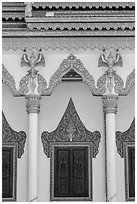 Facade and roof detail, Khmer pagoda. Tra Vinh, Vietnam (black and white)