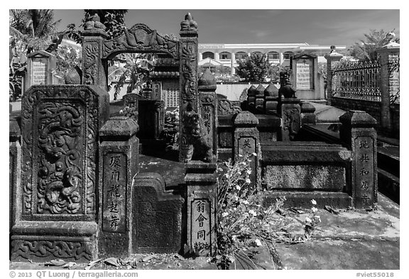 Ancient carved stone tombs. Tra Vinh, Vietnam (black and white)