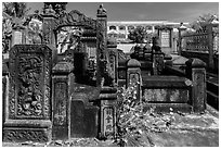 Ancient carved stone tombs. Tra Vinh, Vietnam (black and white)