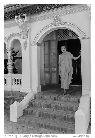 Monk standing in entrance, Ang Pagoda. Tra Vinh, Vietnam